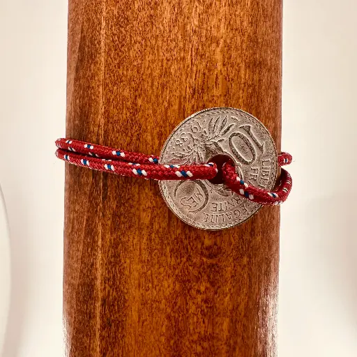 Bracelet Franc 10 cts troué avec cordon Bordeau sport  Homme argent 