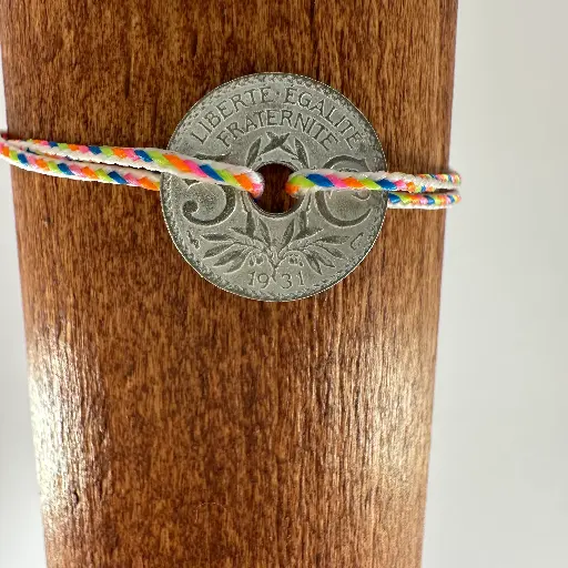 Bracelet Franc 5 cts troué Enfant argent cordon multicolore rose orange jaune et bleu