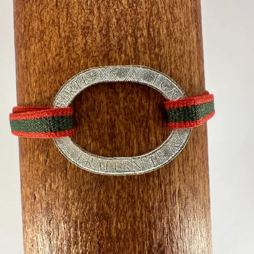 Bracelet 10 Franc évidé cordon élastique vermillon et kaki, Homme plaqué argent  